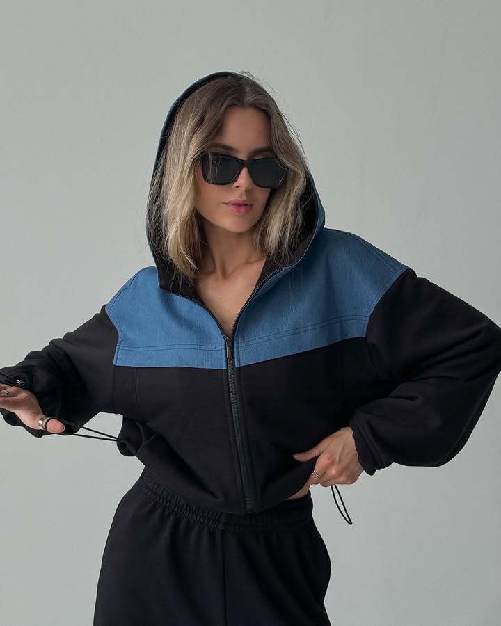 Women's Clothing Women's High Street Design Patchwork Hooded Sweatshirt & Ripped Button Pants Two-Piece Set_voghion.com