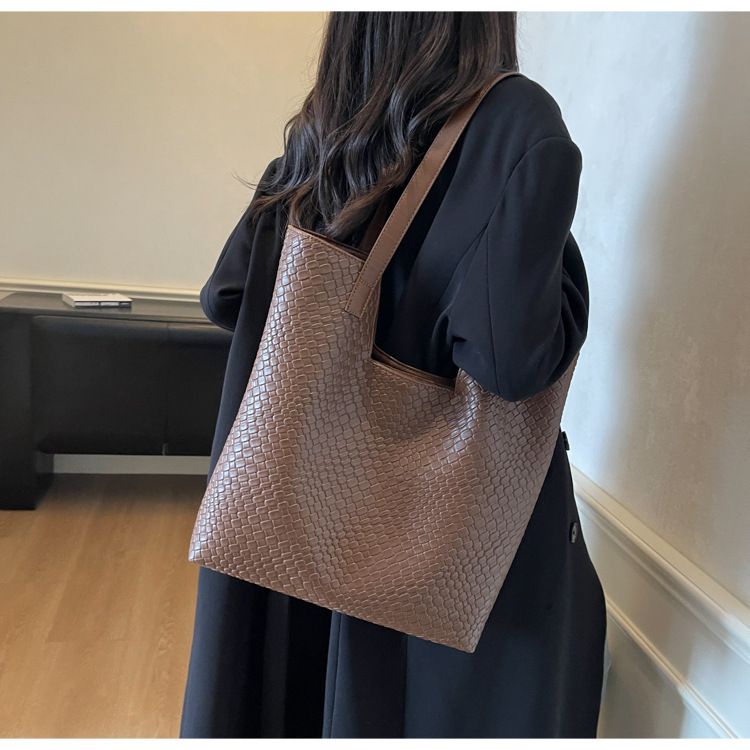Women's Large Capacity Woven Tote Bag For Work & Travel, Stylish Shoulder Bag With Zipper Closure, Black/Beige/Khaki/Brown_voghion.com