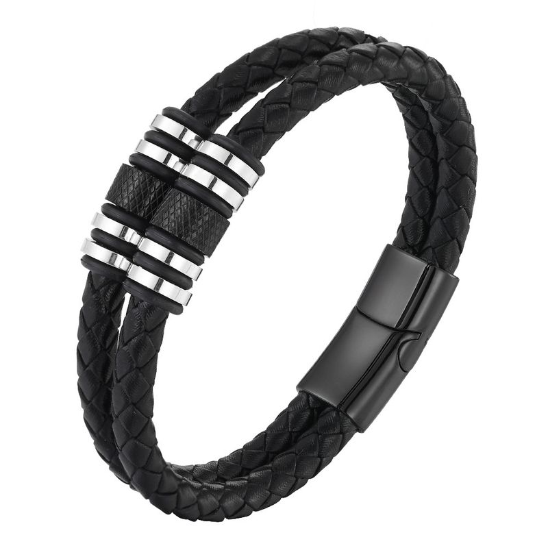 Nuovo braccialetto da uomo in cordino nero a doppio strato in acciaio inossidabile, intrecciato a mano in vera pelle multistrato_voghion.com