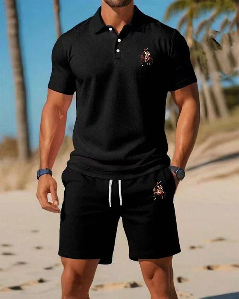 Men's Summer Slim-Fit Polo Shirt & Shorts Set - Breathable Mesh Short Sleeve Embroidered Casual Outfit (White/Navy/Orange/Black/Red/Teal/Army Green_voghion.com