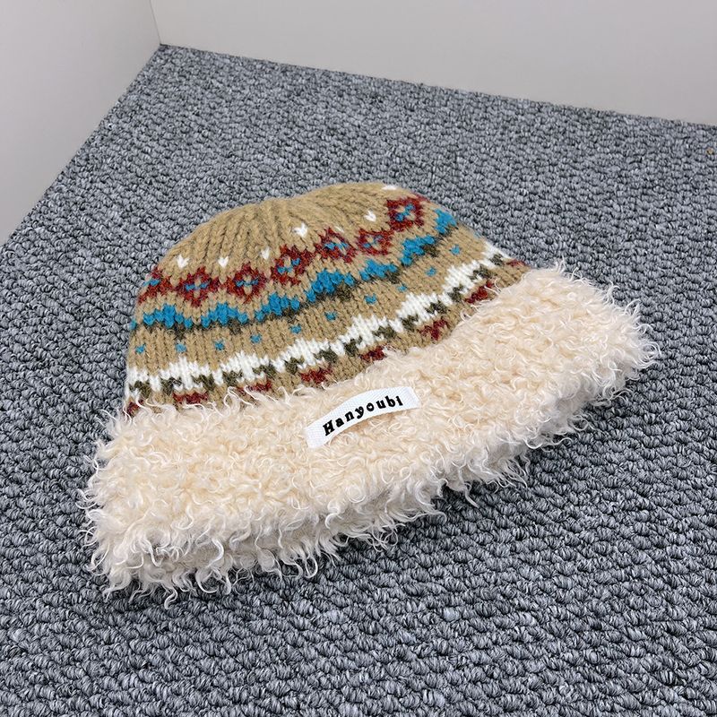 Cappello da pescatore in peluche jacquard patchwork per donna, fa sembrare il viso più piccolo, cappello lavorato a maglia spesso e caldo per autunno e inverno, alla moda._voghion.com