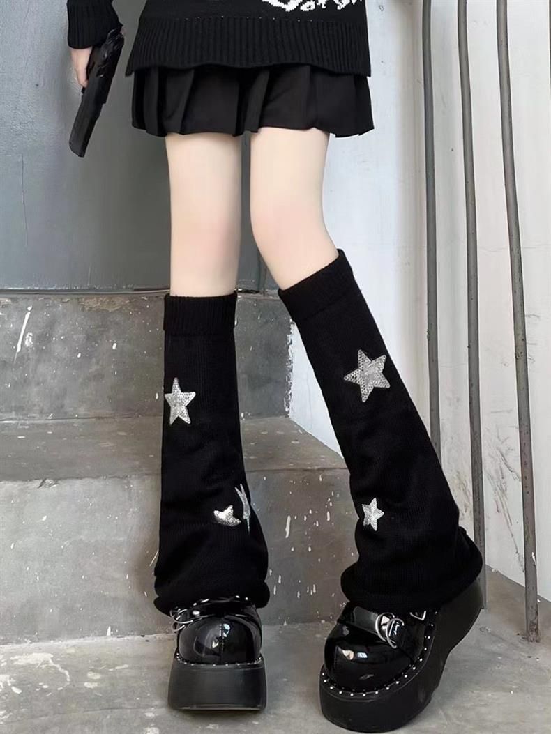 Calcetines negros de subcultura Y2k para mujer, calcetines largos de punto, cubrepiernas con estrellas, calcetines de chica sexy, Tide_voghion.com