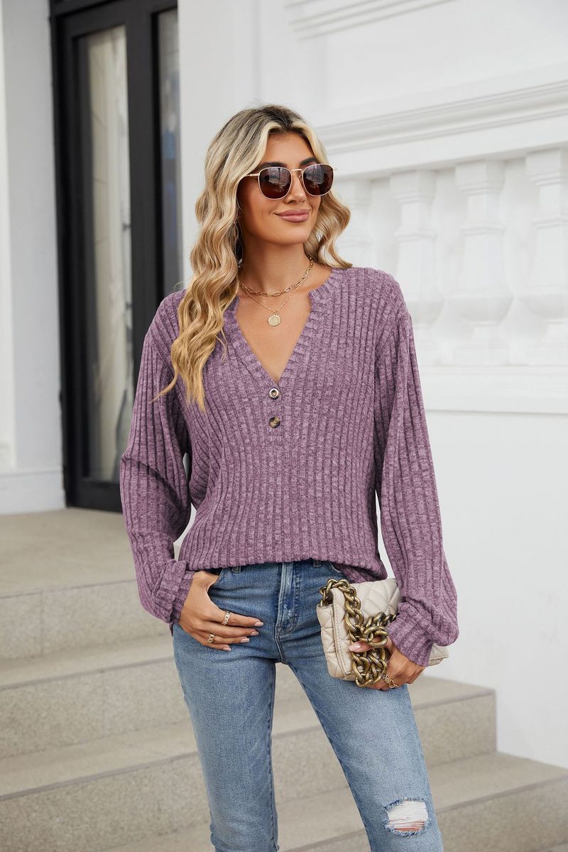 2025 Autumn/winter New Solid Color Pit Stripe Brushed Button Loose Long Sleeved T-shirt For Women_voghion.com