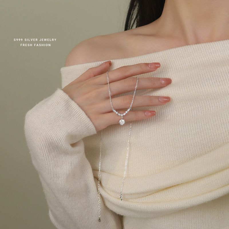 Collana di zirconi di lusso, luce brillante, per donna, S999, pura nicchia, elegante, versatile, di alta qualità, con catena per clavicola in argento pieno._voghion.com