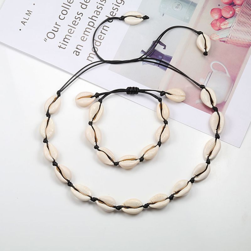 Hawaiian Style Woven Schmuck Set Shell Halskette handgemachte Schlüsselbein Kette Fußkettchen Armband Strand Spot_voghion.com
