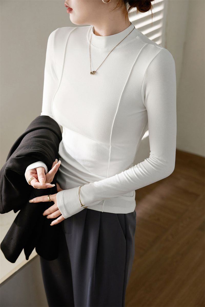 Women's Clothing Maillard high end design 2024 autumn and winter new half high collar T shirt women's long sleeved slim bottoming shirt top trend_voghion.com