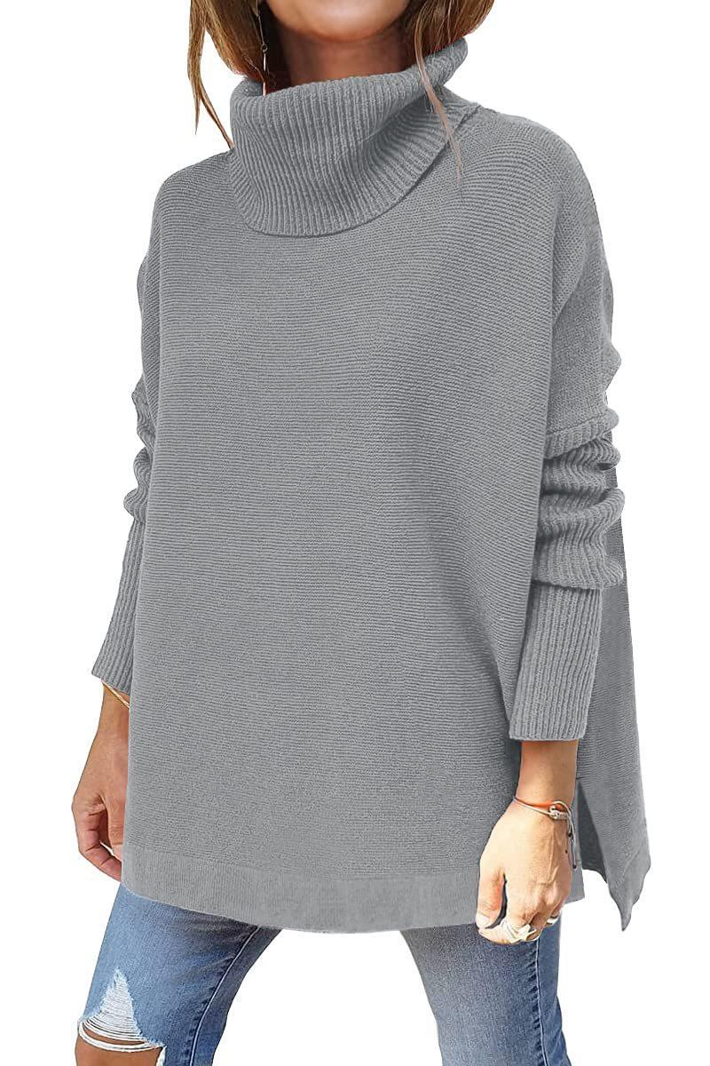 Dametrøje med høj hals, oversized pasform, mellemlang pullover med flagermusærmer, slidskant og bælte_voghion.com