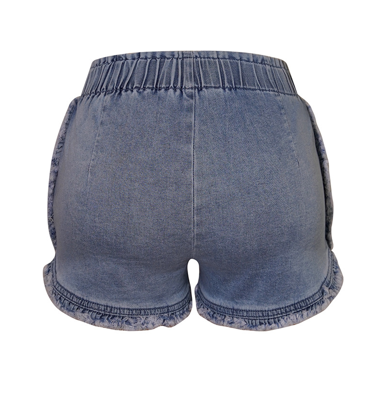 elastic elastic waist ruffled women's jeans shorts_voghion.com