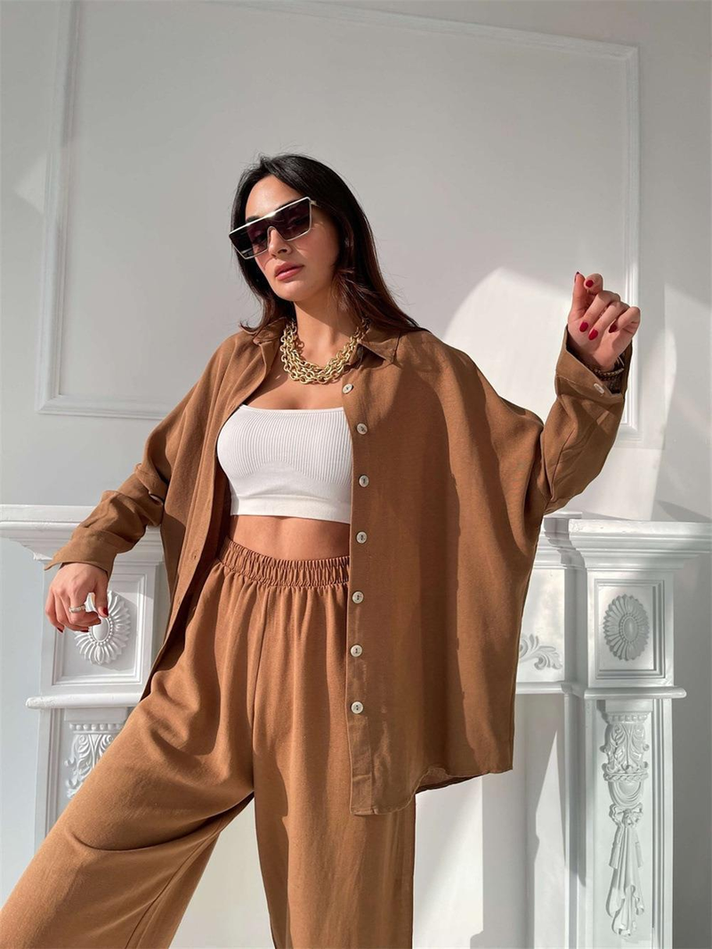 New European and American Casual Set Solid Color Polo Collar Long Sleeve Shirt Top Harlan Pants Two Piece Set_voghion.com