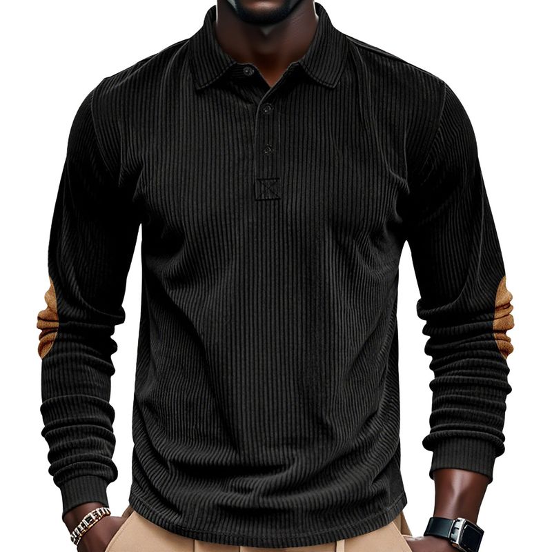 Herren Retro Cord Locker Lässig Revers Langarmhemd Patch Poloshirt_voghion.com