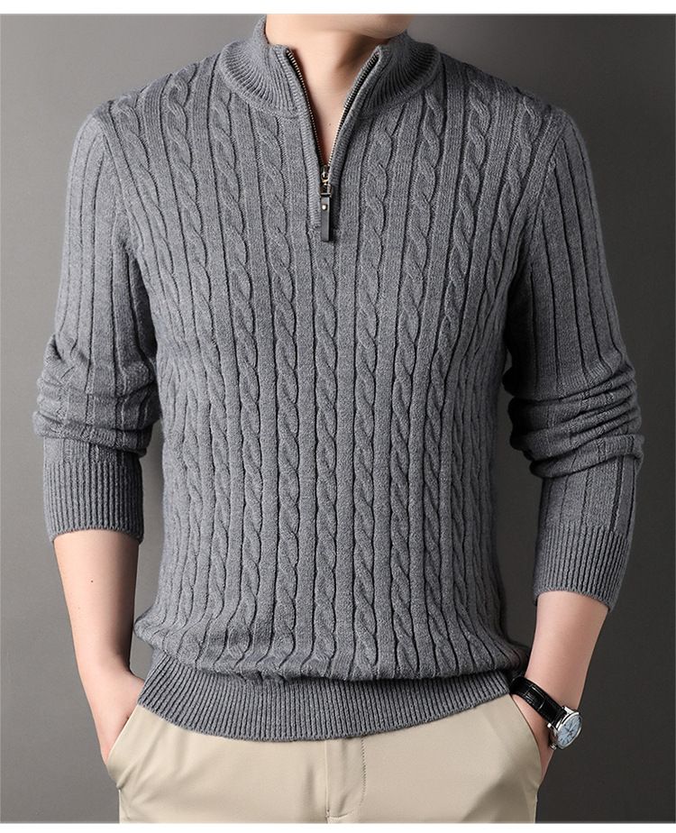 Herren-Strickpullover mit halbem Reißverschluss und Wollmischung, Winterpullover für lässigen & eleganten Style (Grau, M)_voghion.com