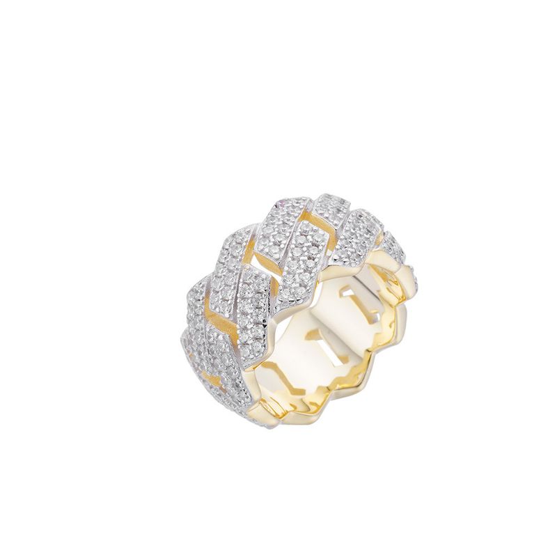 Hip Hop Ins Popular Style Silver Full Diamond Jewelry Curved Cuban Chain Cluster Zircon Trendy Ring For Men_voghion.com