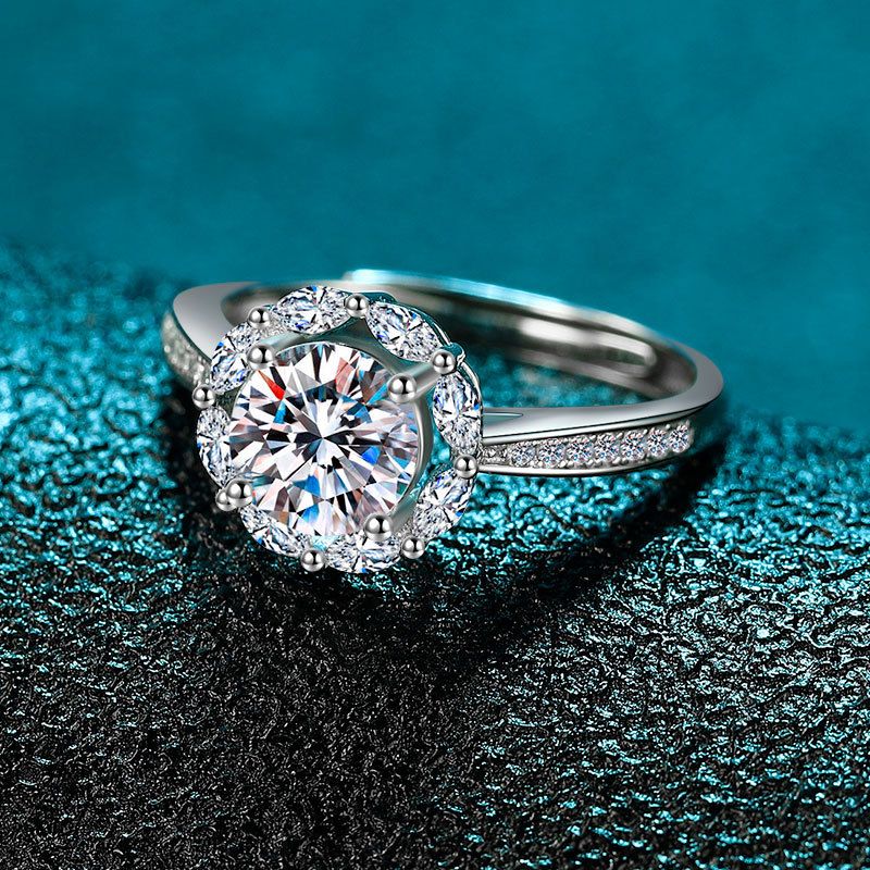 Bague en argent sterling plaqué or PT950 pour femme, bague baguette ronde à quatre griffes avec moissanite_voghion.com