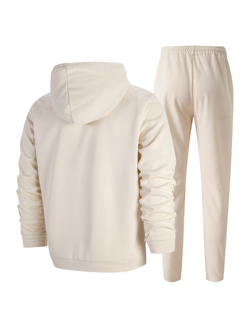 Men's Waffle-Knit Hoodie & Jogger Set – Lightweight Zip-Up Loungewear (S-3XL) | Breathable Polyester For Casual & Sporty Style_voghion.com
