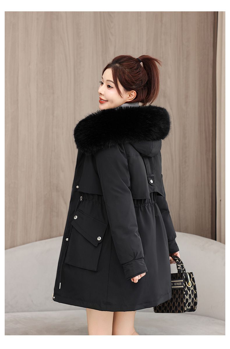 Women's Parka Coat With Detachable Faux Fur Hood, Mid-Length Winter Jacket For Ladies, Warm Quilted Polyester Outerwear With Rabbit Fur Trim_voghion.com
