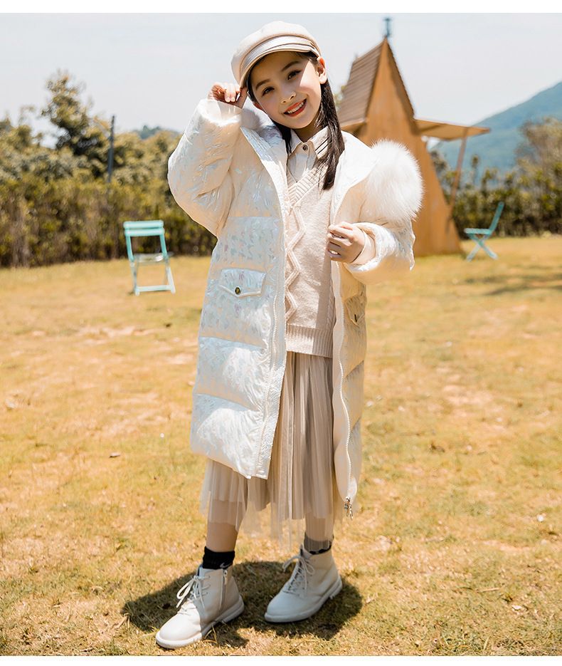 Girls’ Long Puffer Jacket – Shiny & Warm Winter Coat With 50%-55% White Duck Down (Pink/White/Yellow, Sizes 110-160cm, Soft & Stylish)_voghion.com