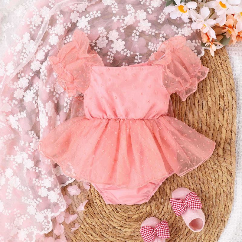 23 Korean version princess style girl jumpsuit, summer baby bubble sleeves, bow tie, mesh skirt hem, and jumpsuit_voghion.com