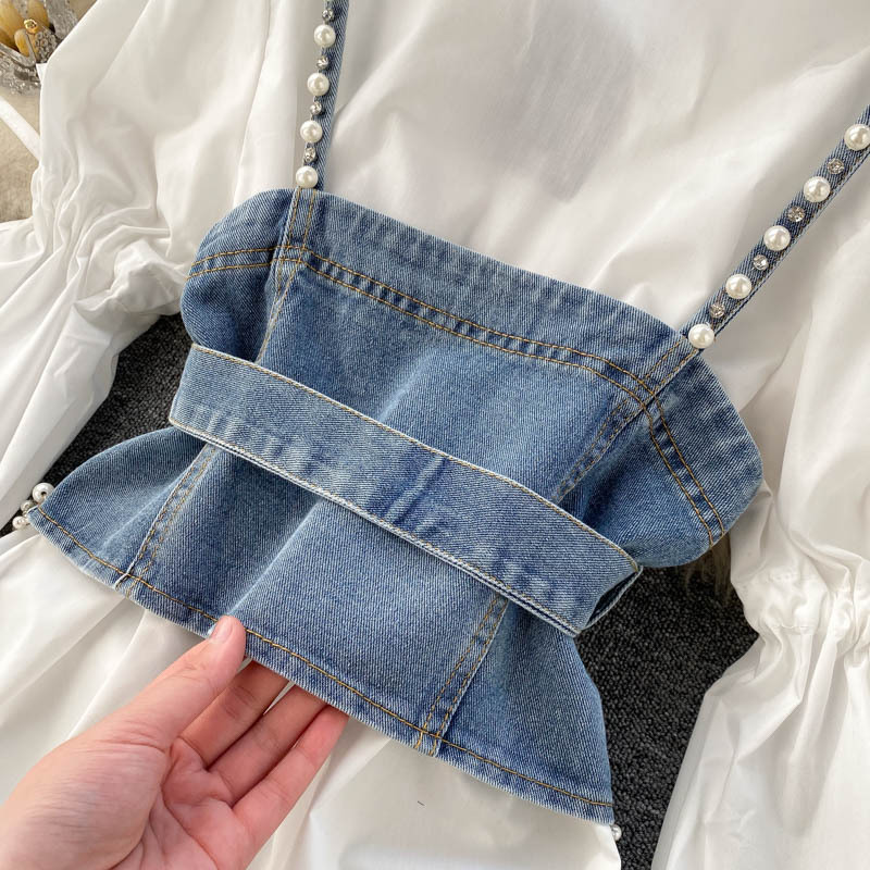 Sieviešu modes krekls ar pufām piedurknēm, augšējais bārkstis pērļu pavadas veste divdaļīgs komplekts_voghion.com