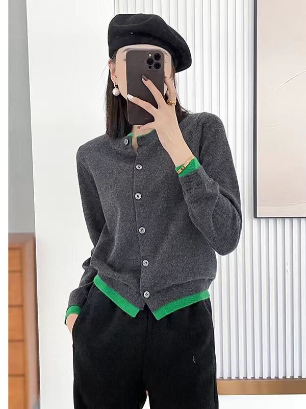 Cardigan lavorato a maglia con scollo rotondo Design Sense per donna 2024 primavera e autunno stile francese commercio estero color-block_voghion.com