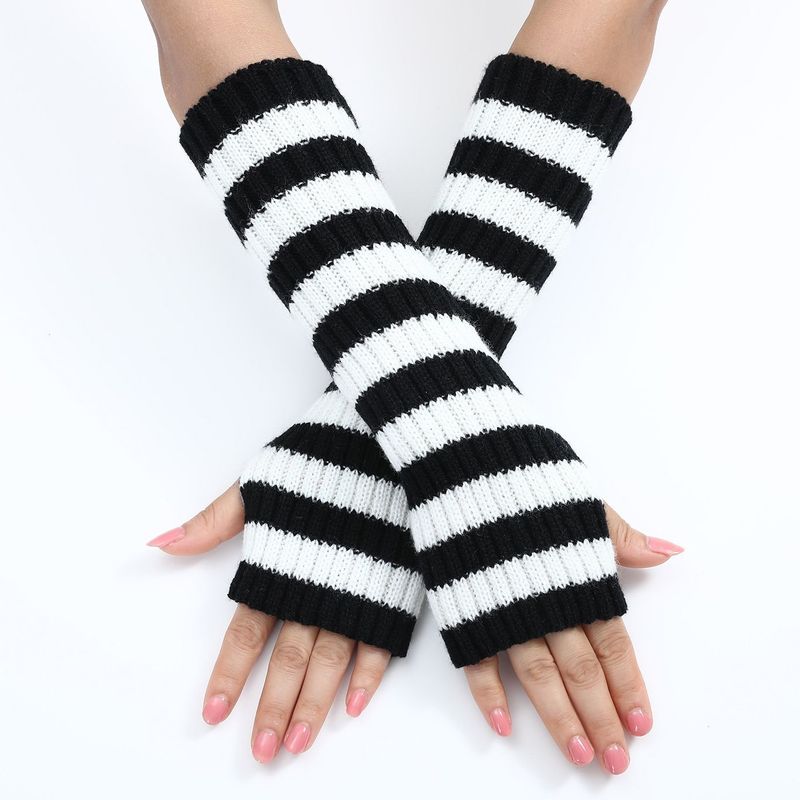 Long Striped Gloves New Autumn And Winter Wool Sleeves Men And Women Medium Length Knitted Warm Fingerless Sleeves_voghion.com