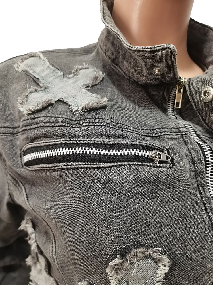 Women's Clothing New Cross Washed And Burned Western Elastic Casual Denim Suit_voghion.com