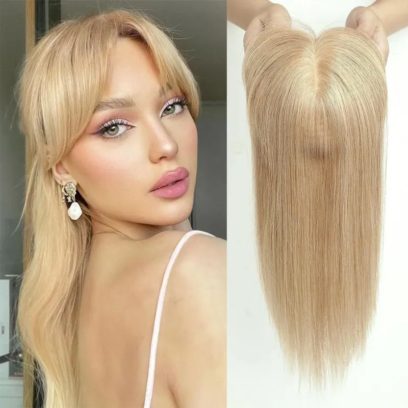 Parrucche con frangia, base in seta, clip in extension per capelli da donna, capelli umani Remy biondi e castani ombré_voghion.com