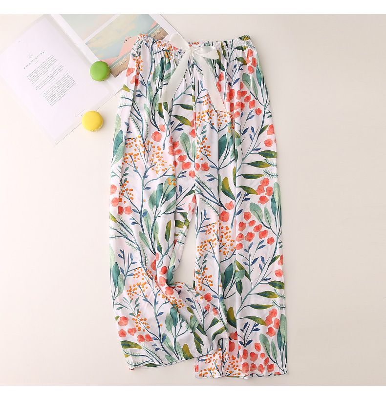 Cotton Silk Pajama Pants Women's Summer Thin High Waist Wide Leg Pants Spring and Autumn Outer Wear Artificial Cotton Beach Pants Plus Size Trousers_voghion.com