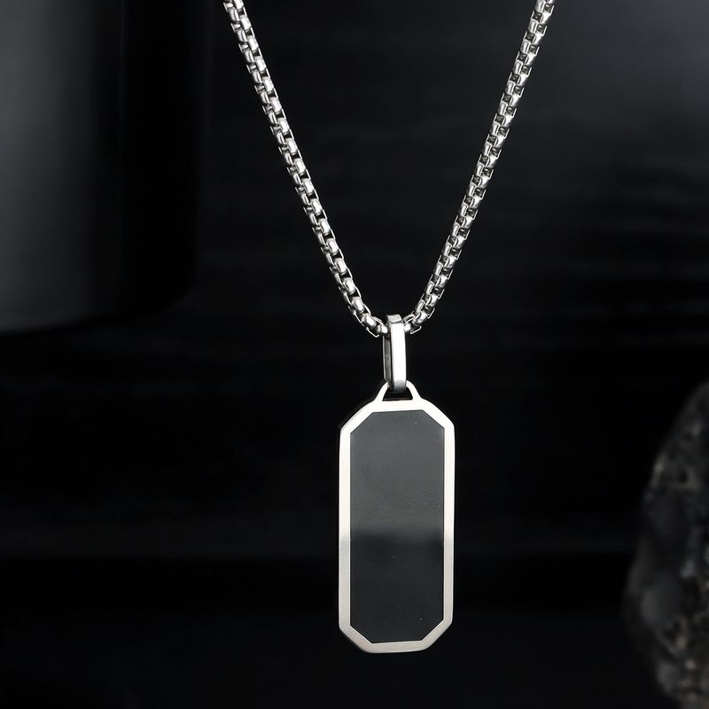 Collier pendentif long barre, boucles d'oreilles carrées noires en acier inoxydable, bracelet cubain, ensemble en acier titane inaltérable_voghion.com