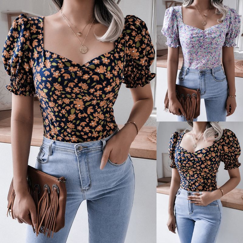 Summer New Casual Lantern Sleeve Square Neck Sexy Fragmented Chiffon Top Women's Wear_voghion.com