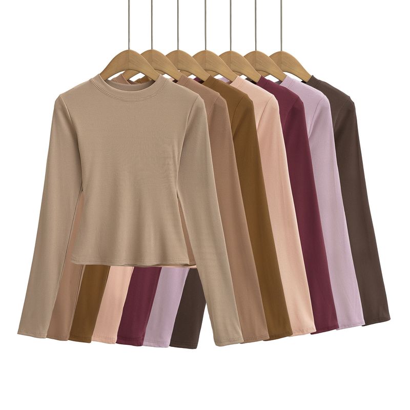 Kim Kardashian Kento Round Neck Base Shirt For Women's Sring Tight Fitting T-shirt Long Sleeved Slim Fit Solid Color_voghion.com