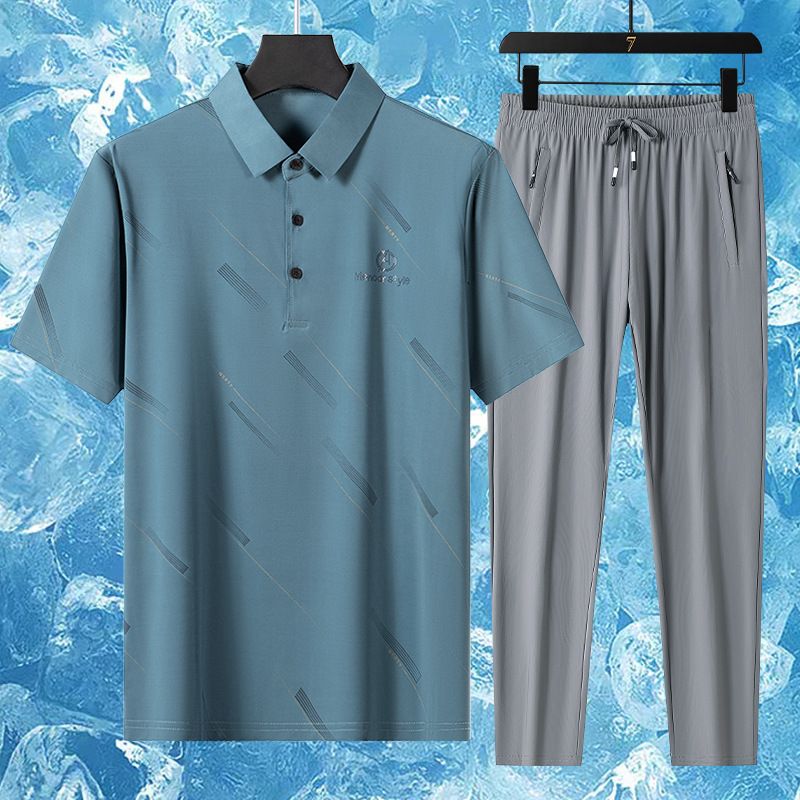 CT Hochwertiges Dad Ice Silk Set Kurzarm-T-Shirt mittleren Alters für ältere Herren, Freizeitkleidung für den Sommer_voghion.com