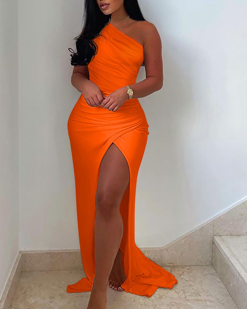 Women's Clothing off-the-shoulder gathered slit dress_voghion.com