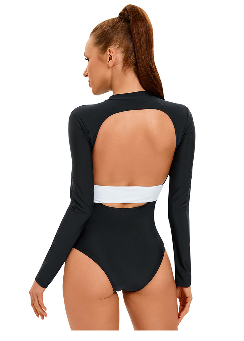 surf wear printed conservative one-piece swimsuit women's long-sleeved sun protection stitching sports swimsuit_voghion.com