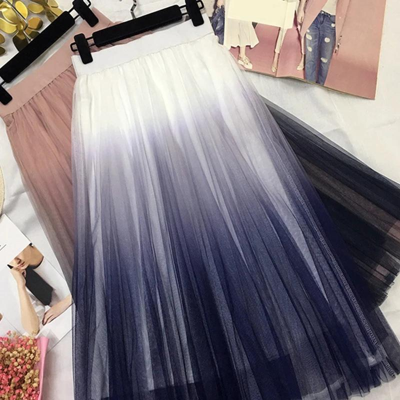 Mesh Hohe Taille Gefaltete frauen Langen Rock A-linie Tüll Gradienten Student Frauen Röcke 2020 Frühling Sommer Mode Elegant416_voghion.com