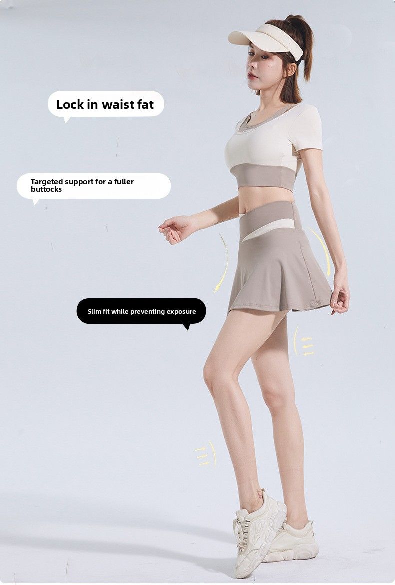 Color Block Two-Piece Skirt Quick-Dry Anti-Exposure Shorts High Elasticity Bare Sensation Tight Sports Short Sleeve_voghion.com