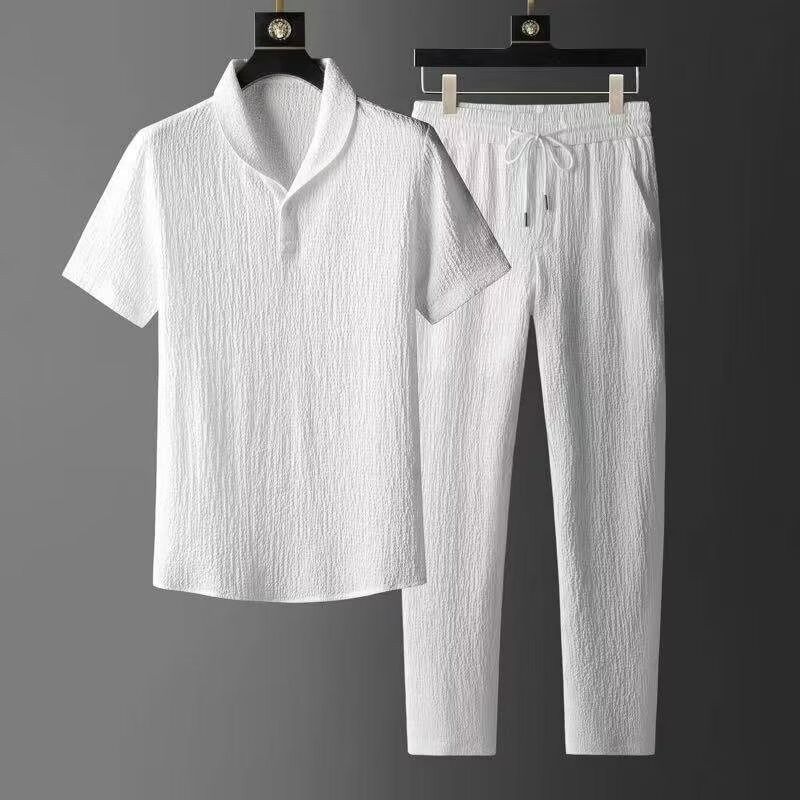 Summer Ultra-Thin Five-Quarter Sleeve Ice Silk Linen Set For Men, Cotton-Linen Two-Piece, Plus Size Loose Mid-Sleeve_voghion.com