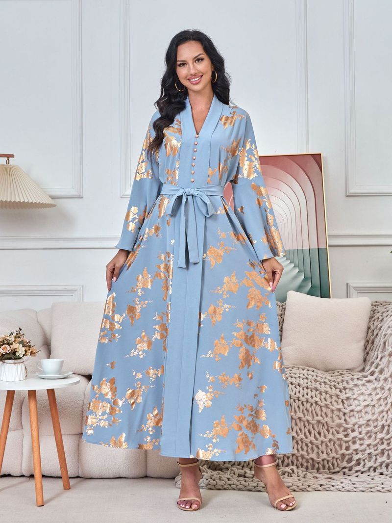 Damenbekleidung Naher Osten Muslimische Damenmode im neuen Stil mit Goldprägung Abendkleid Arabisches Kleid Kaftan Robe_voghion.com