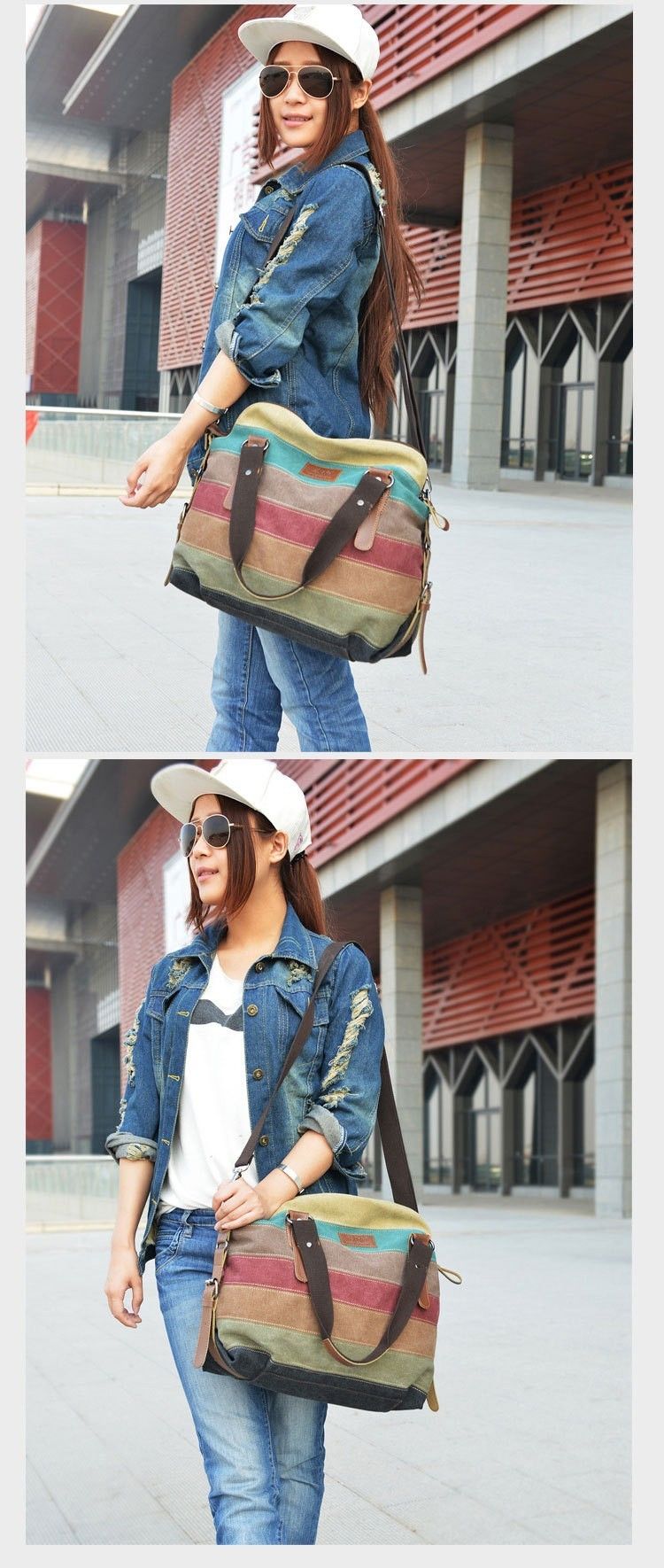 Borsa a mano da donna a righe in tela 2021 Borsa a tracolla casual femminile con tracolla patchwork arcobaleno moda Sac A Main_voghion.com
