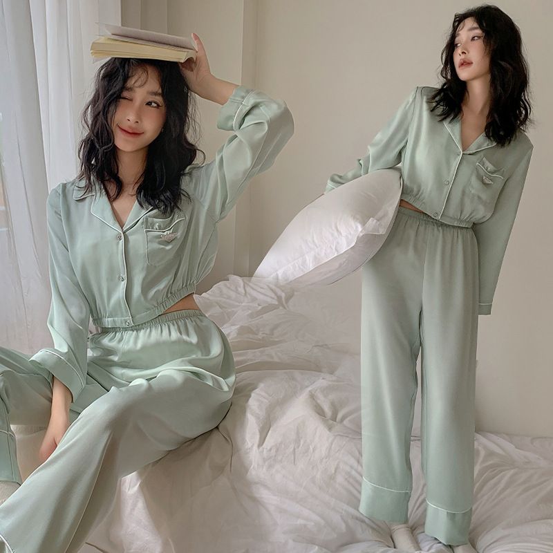 Pajamas Women's V-neck Exposed Navel, Long-sleeved Home Two-piece Set Of Satin Chiffon Thin Loungewear Can Be Worn Outside_voghion.com