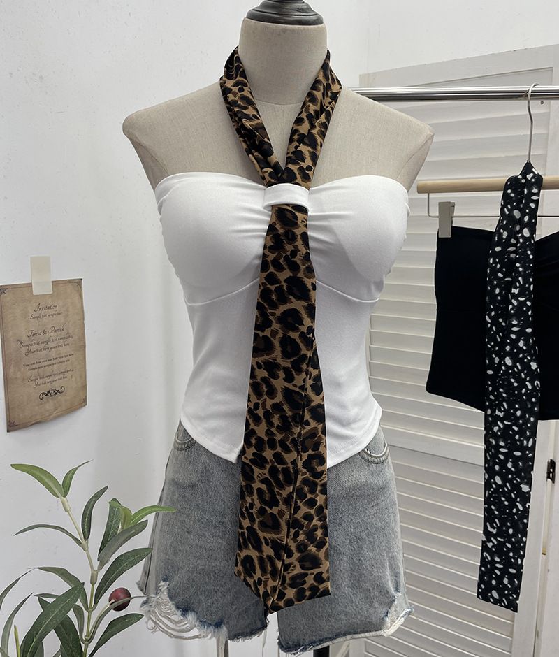 Schal mit Leopardenmuster und hängendem Halsdesign, plissierte trägerlose Weste mit Brustkissen, kurzes ärmelloses Oberteil für Damen 9206_voghion.com