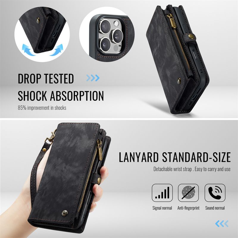 iPhone 16 15 14 13 12 11 Pro Max maciņš ar rāvējslēdzēja siksniņu, PU ādas atloks ar pildspalvas turētāja slotu, RFID bloķēšanas vāciņu_voghion.com