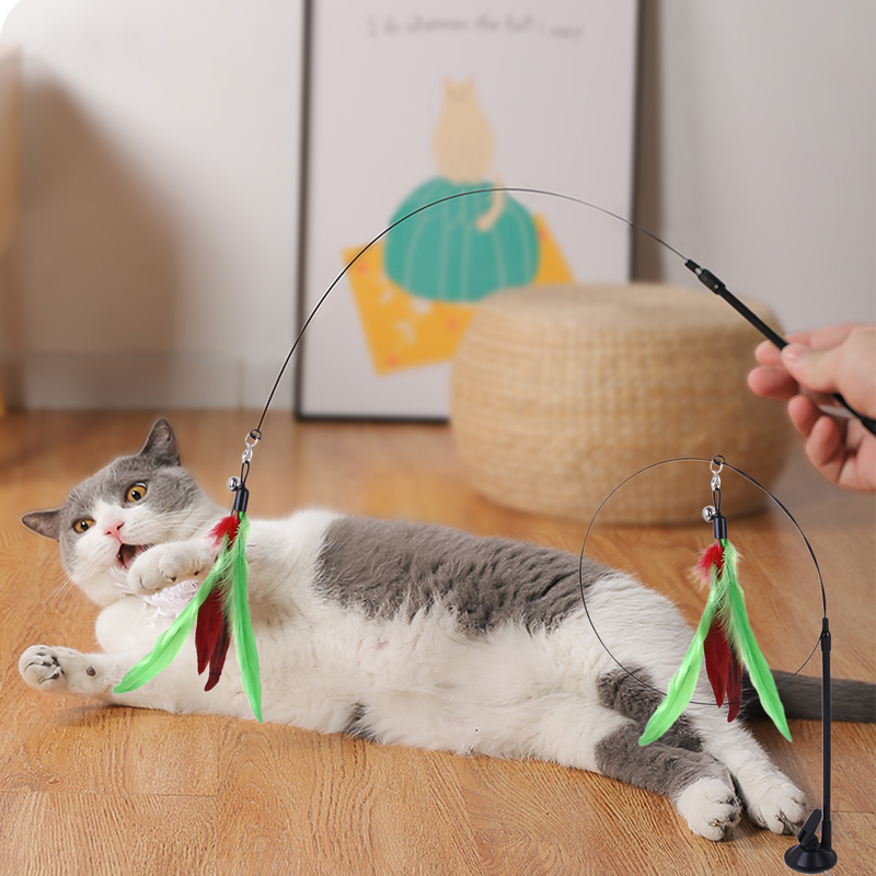 Guangying Cats Wand Toy Good Tenacity Pet Interaction Recreational Cats Teaser Feather Stick Toy With Suction Cup Cats Supplies_voghion.com