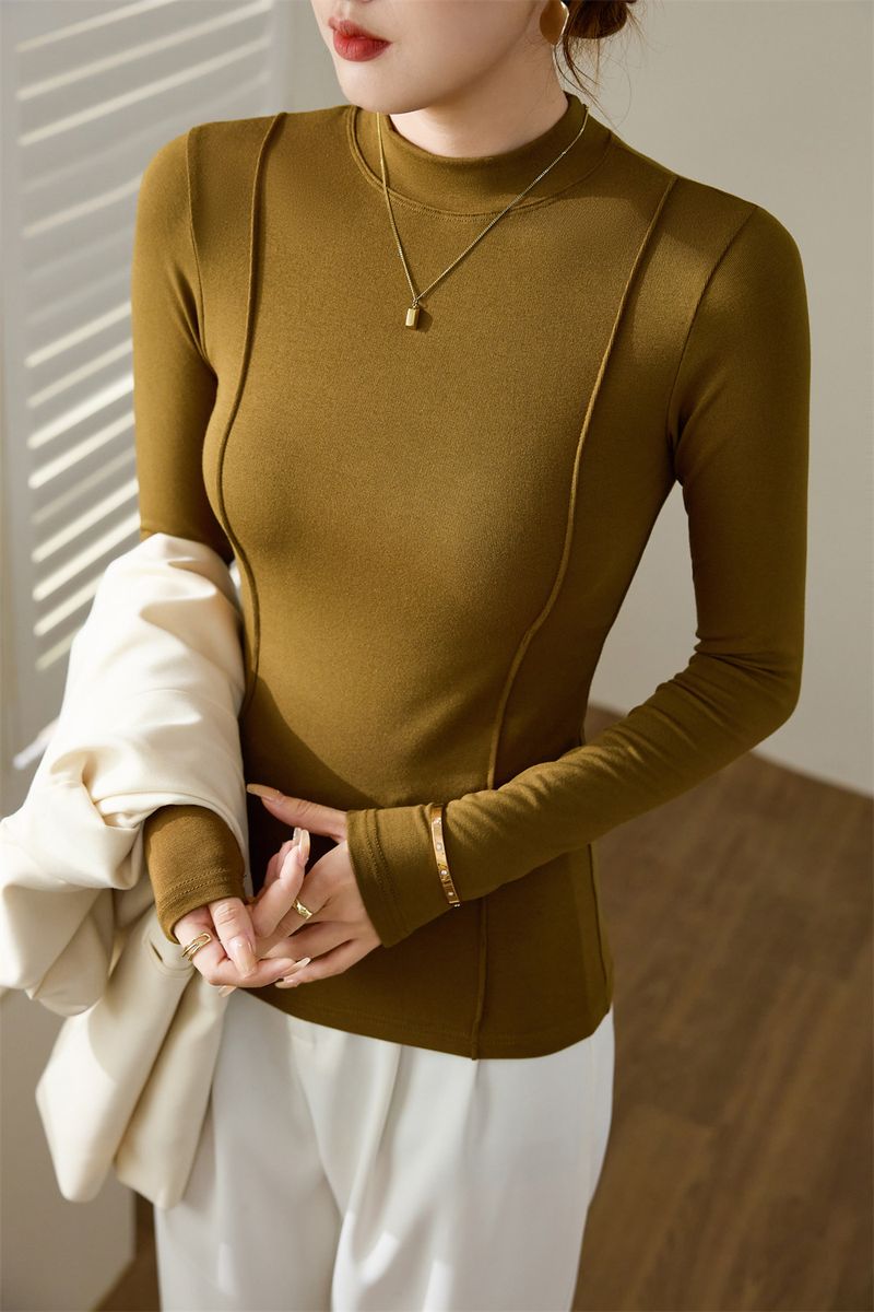 Women's Clothing Maillard high end design 2024 autumn and winter new half high collar T shirt women's long sleeved slim bottoming shirt top trend_voghion.com