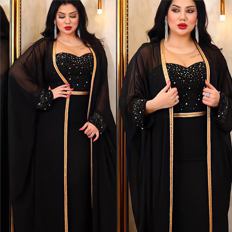 Women's Clothing Middle Eastern Muslim abaya women's light luxury dress suit mesh beading two piece dress robe_voghion.com