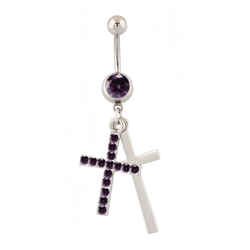Piercing all'ombelico a croce in acciaio inossidabile, gioielli per piercing corpo in zircone multicolore opzionale all'ingrosso transfrontaliero_voghion.com