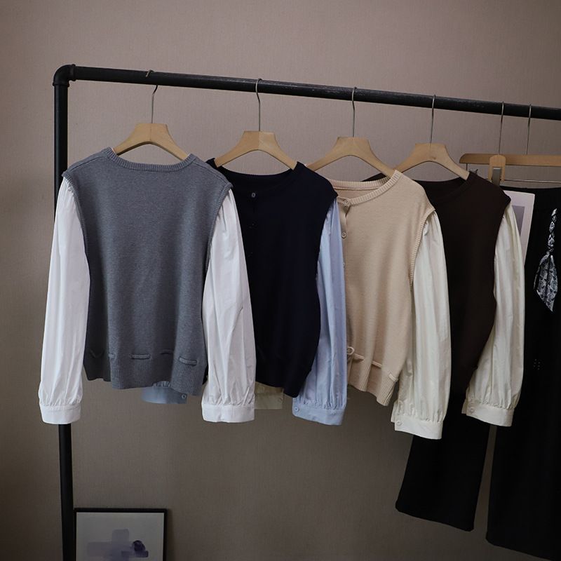 Camicia a maniche lunghe elegante e versatile in due pezzi, stile coreano, lavorata a maglia, patchwork, color-block, autunno 2025, per donna_voghion.com