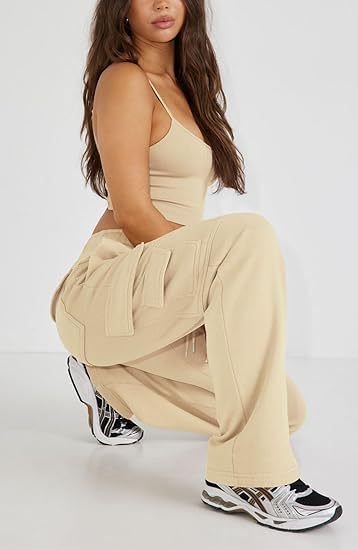 Damen Cargo-Jogginghose mit hoher Taille, lockere Passform, weites Bein, Trainingshose mit Taschen für Streetwear-Mode_voghion.com