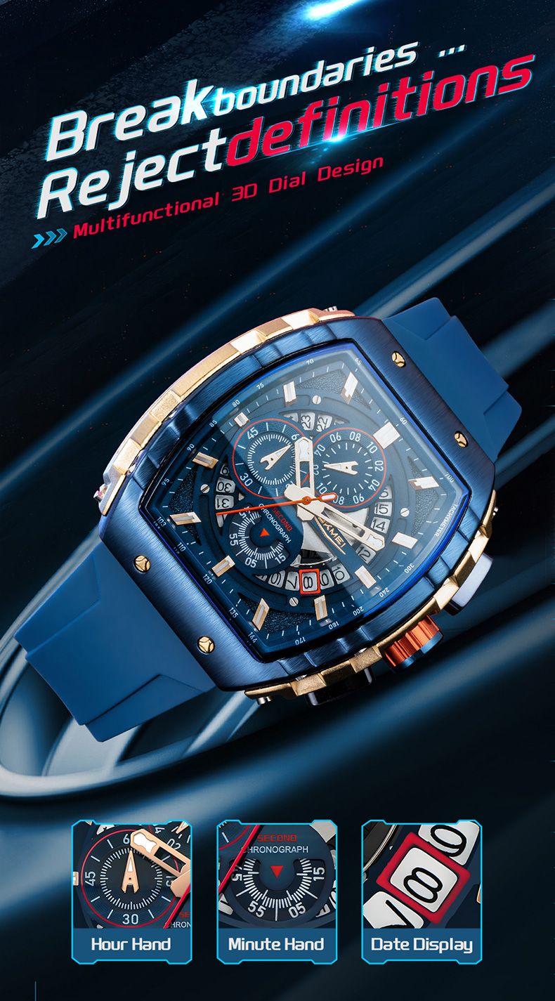 SKMEI New Men's Watch Multi Functional Quartz Movement Rectangular Blue Dial Sports Clock Casual Fashion Silicone Strap Men Watc_voghion.com
