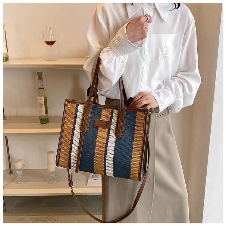 Nowa torba z grubej bawełny o dużej pojemności płócienna torba damska transgraniczny handel zagraniczny kontrastowy kolorowy pasek torba na ramię trend w modzie torba listonoszka_voghion.com