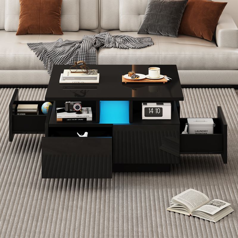 Table basse de salon noire brillante 70 x 70 x 40 cm avec éclairage LED, table d'appoint à 4 tiroirs, design géométrique, capacité de charge de 30 kg._voghion.com